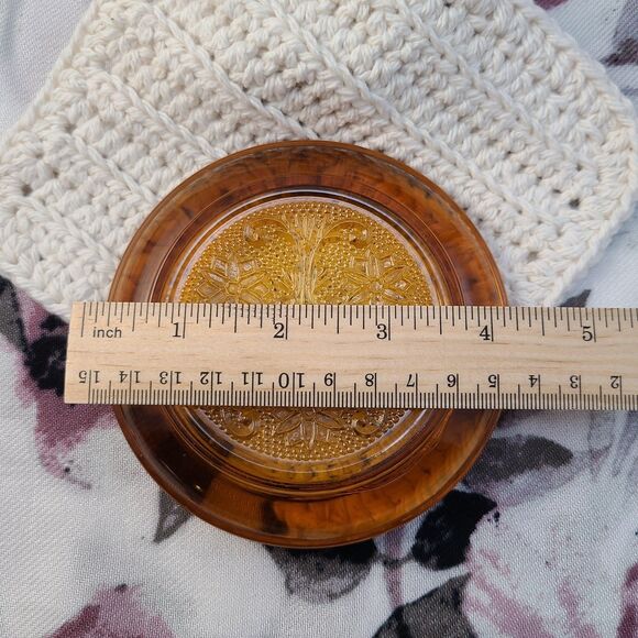 Vintage Amber Glass Coaster Embossed Floral Pattern 4.5" Decorative Dish - Picture 3 of 4